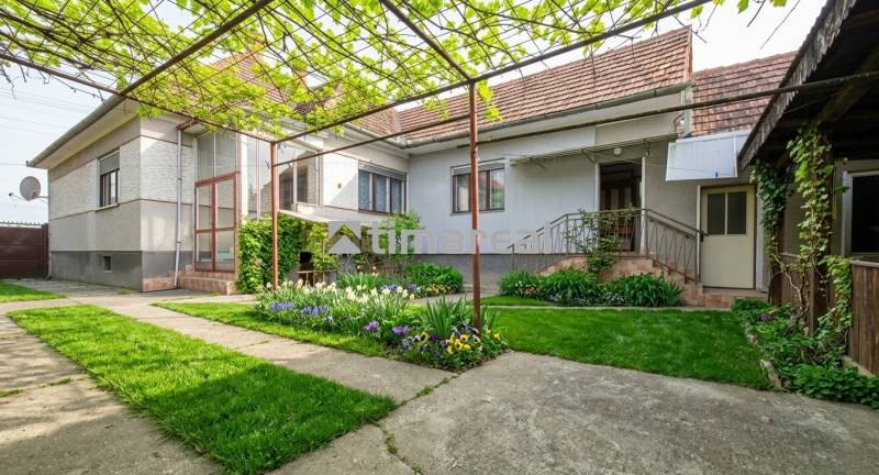 A family house in Trstín with a front garden, vine, and flower planting.