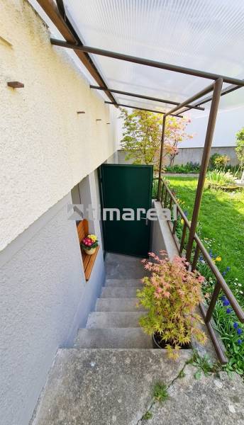 Entrance to the basement of a family house in Trstín, surrounded by greenery and flowers.