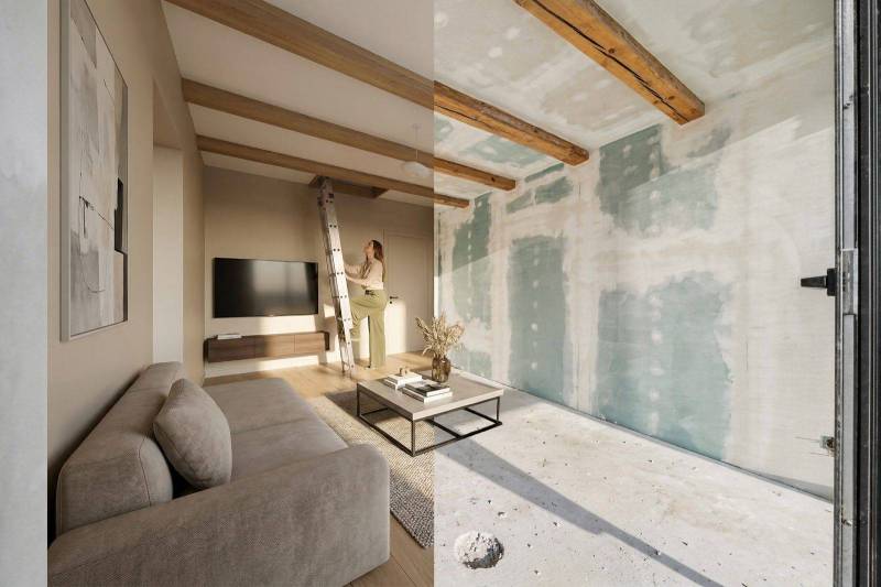 A family house with a wooden decor floor, a sofa, a television, and a decorative table.