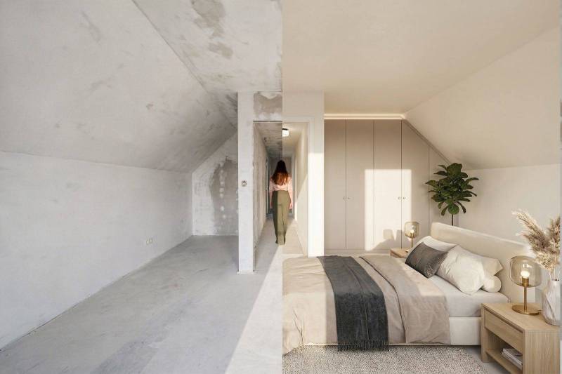 Converting the attic in a family house into a cozy bedroom with tasteful lighting and decorations.