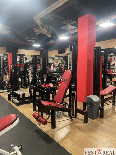 Strength training machines in commercial spaces with wood-patterned flooring.