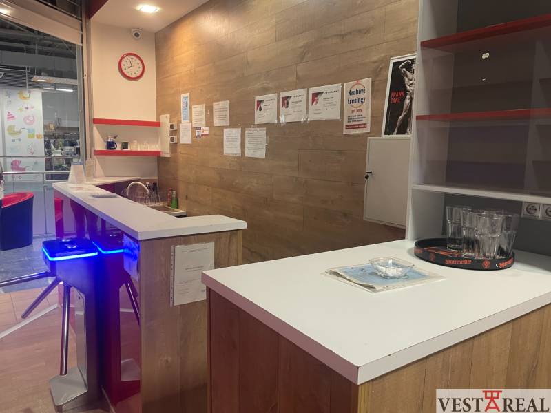 Interior of commercial premises with a counter and flooring with wood decor.