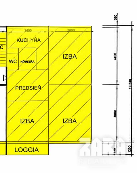 Floor plan of a 3-room apartment with a loggia, hallway, kitchen, room, and toilet.