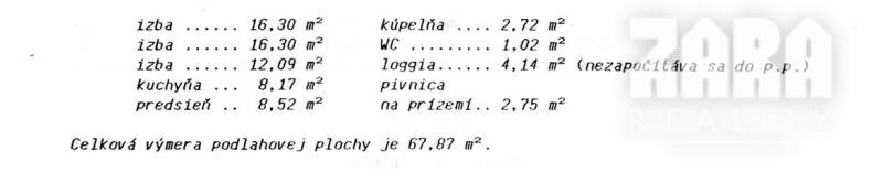 Floor plan of a 3-room apartment with a total area of 67.87 m².