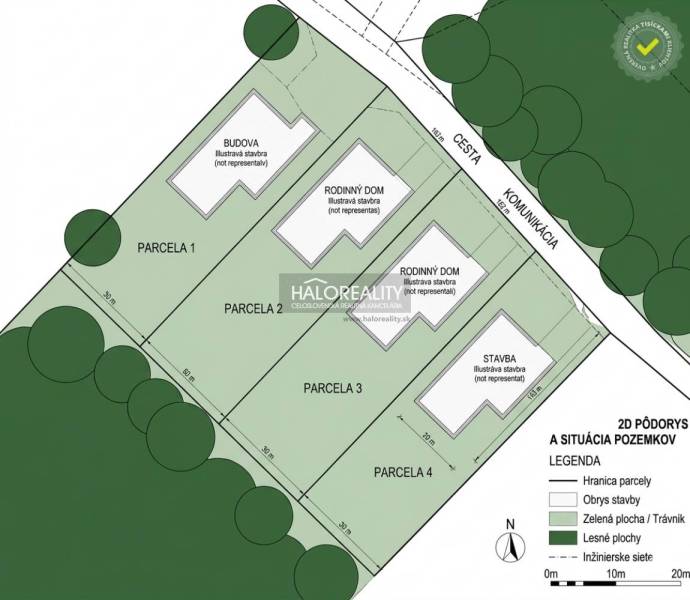 Aerial view of land plots - housing in Prešov with marked parcels.