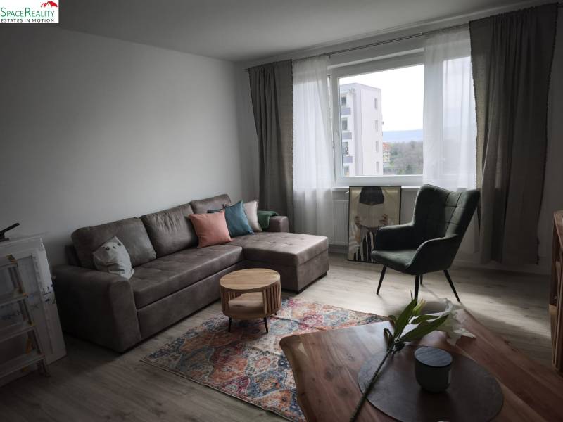 Living room in a two-room apartment with a sofa, an armchair, and a table on a floor with a wooden decor.