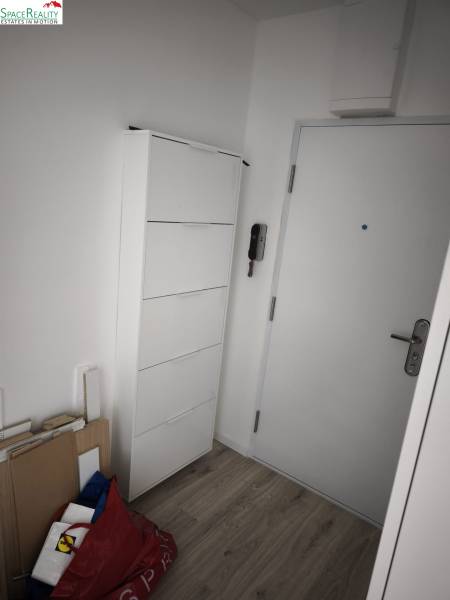 Entrance hallway with a white shoe cabinet, doors, and a floor with a wooden decor in a 2-room apartment.