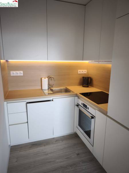 A kitchen in a 2-room apartment with white cabinets and a wood-patterned floor.