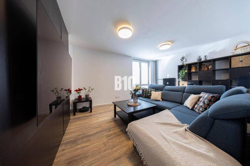 Living room in a 3-room apartment with a blue sofa and a wood-patterned floor.