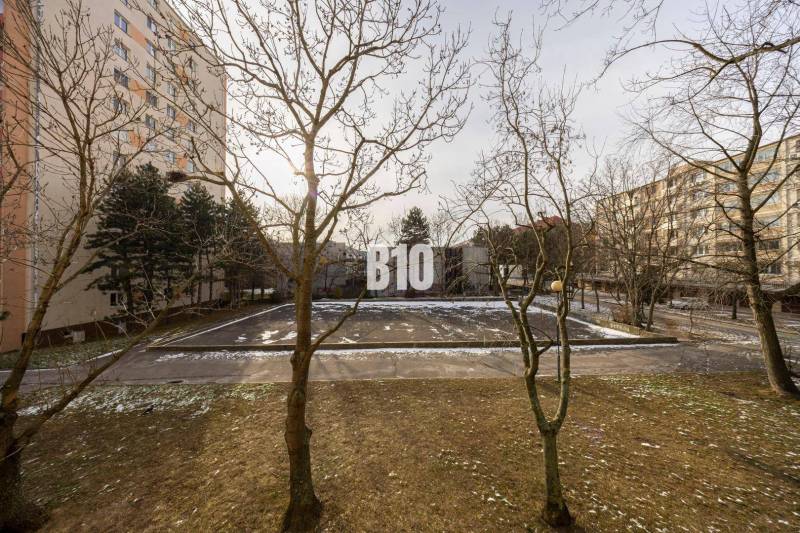 A winter view of apartment buildings and a sidewalk with trees on Račianska in Bratislava III.
