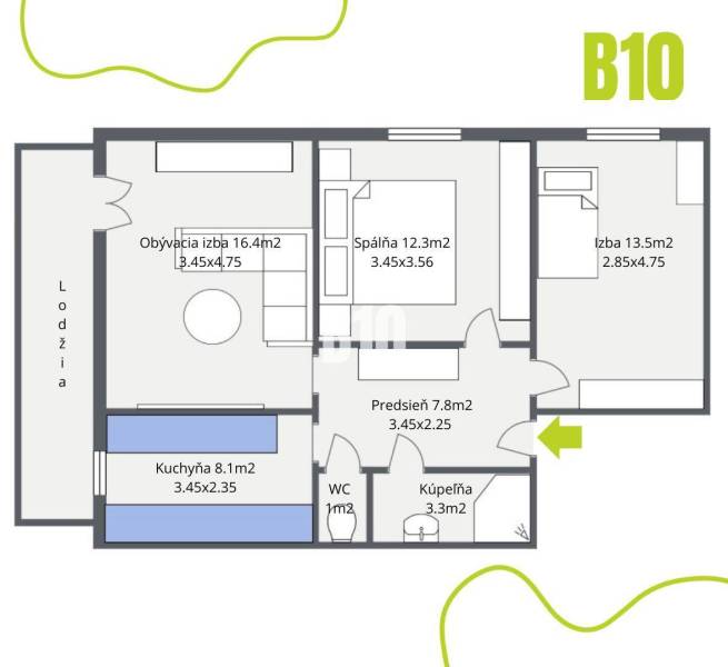 Floor plan of a 3-room apartment with a bedroom, loggia, bathroom, toilet, and kitchen.