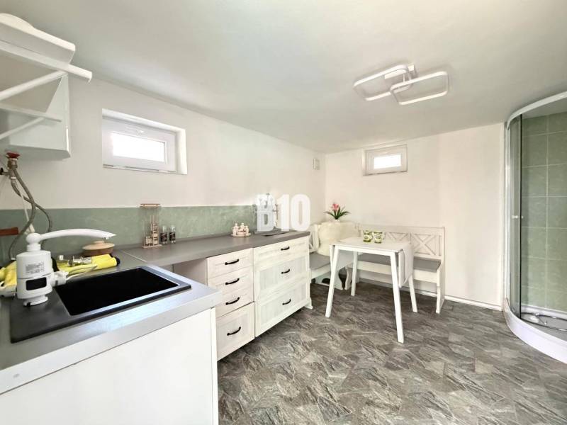 A fully equipped kitchen in a cabin with a wooden decor floor and a shower corner.