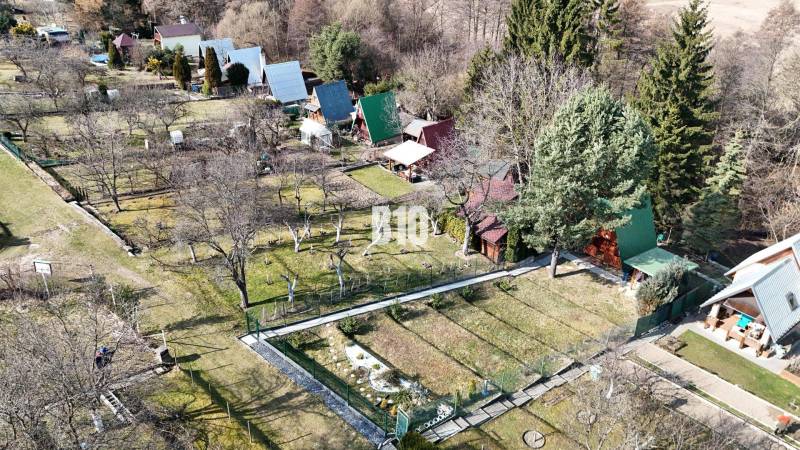 Gardens with cottages in Martin, surrounded by trees and grassy areas.