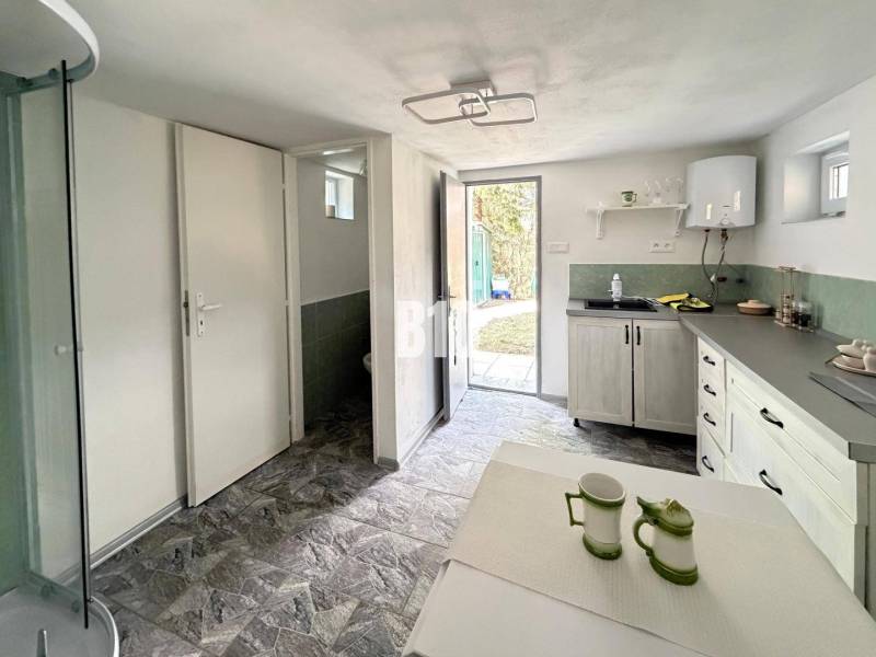 The interior of the cottage with a practical kitchen and dining area in a simple style.