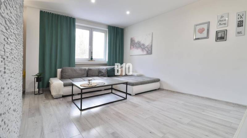 Living room with a sofa, coffee table, and wooden decor flooring in a 2-room apartment.