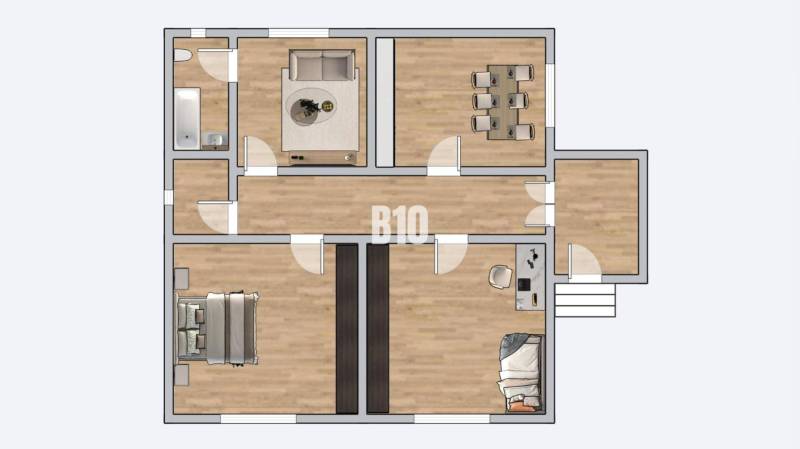 Floor plan of a family house with furniture, wooden decor flooring, and multiple rooms.
