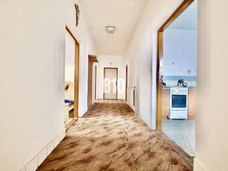 A hallway in a family house with a carpet, on the right a kitchen, furniture, and appliances.