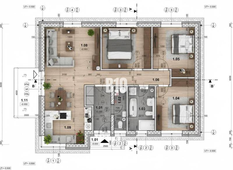 Floor plan of a family house with rooms and wooden decor flooring.