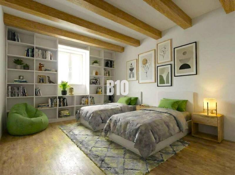A bedroom in a cabin with decorative wooden partitions, shelves, and a floor with a wooden decor.