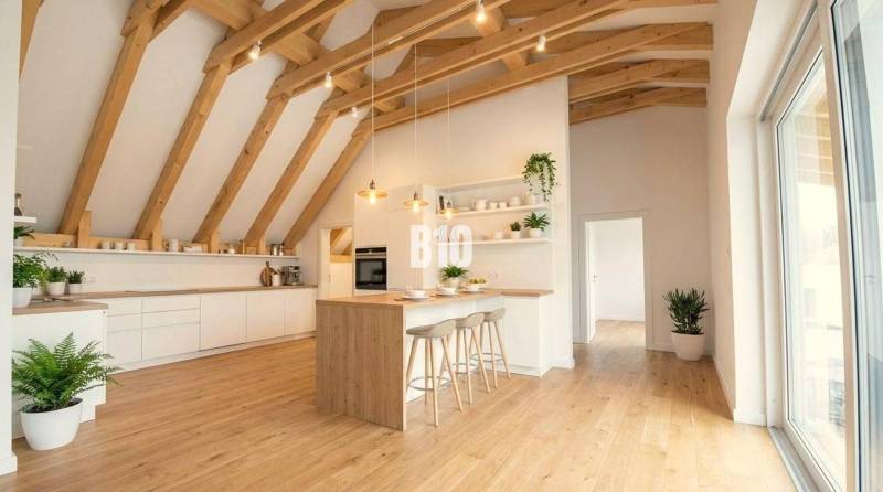 A kitchen in a cottage with a wood-patterned floor, wooden beams, and houseplants.