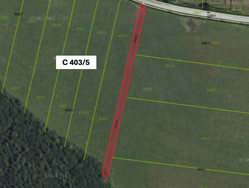 Cadastral map of plots near the village of Veľká Čausa, showing agricultural and forest land.