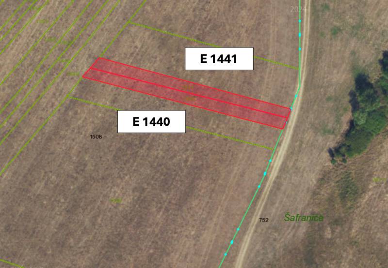 Aerial view of agricultural and forest lands in Veľká Čausa with marked parcels.