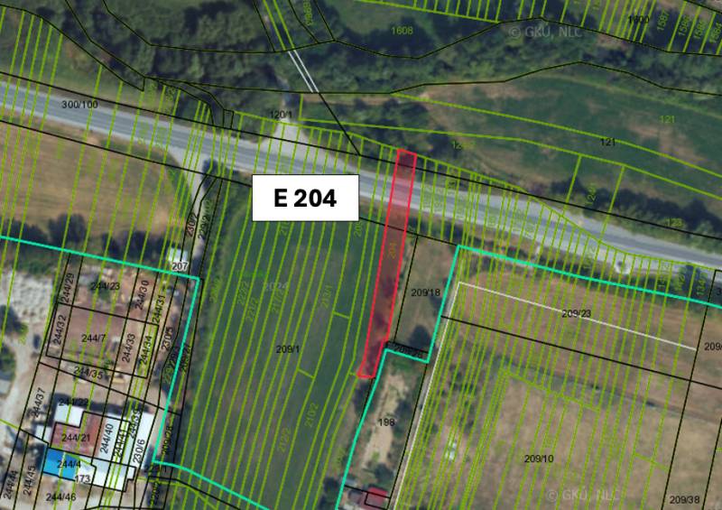 Cadastral map of agricultural and forest lands in Veľká Čausa includes parcel E 204.