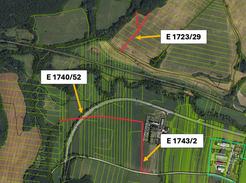 Aerial view of agricultural and forest lands in Veľká Čausa with parcel numbers.