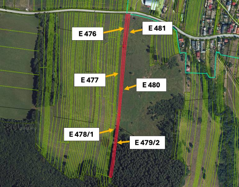 Orthophotomap showing parcel plots and a narrow road in the agricultural and forest lands of Veľká Čausa.