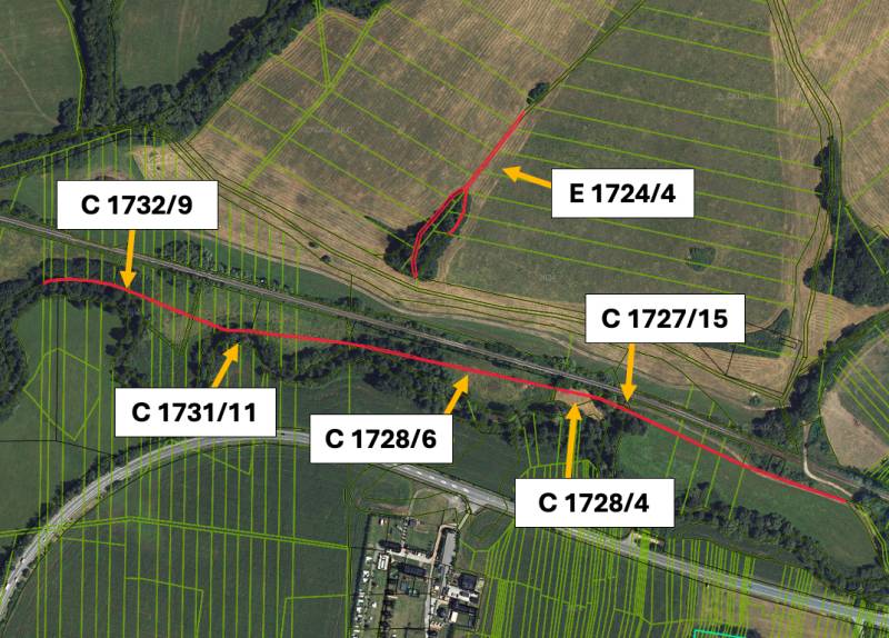 Aerial photograph of agricultural and forest lands in Veľká Čausa with parcel numbers.