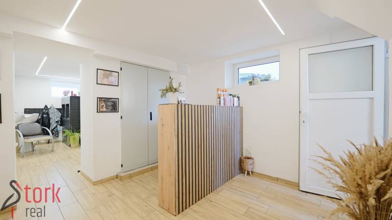 Interior of a family house with a spacious room, reception, and floor with wooden decor.