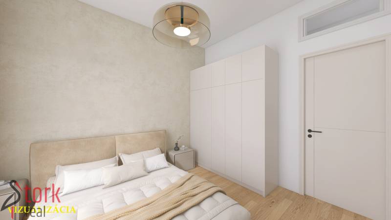 Bedroom in a family house with wood-decor flooring, a bed, a wardrobe, and ambient lighting.