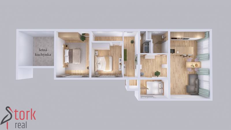 Floor plan of a family house with wood-patterned flooring, a summer kitchen, and furniture.