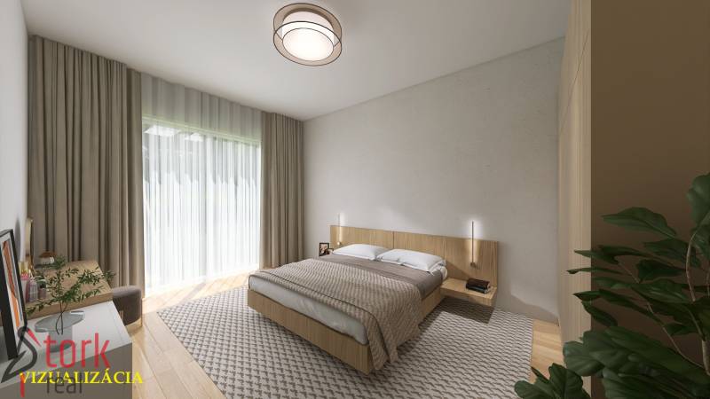 Bedroom in a family house with a bed, nightstands, and curtains, floor with wooden decor.