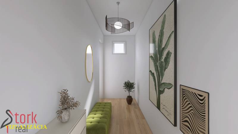A narrow interior hallway with decorations and wood-patterned flooring in a family house.