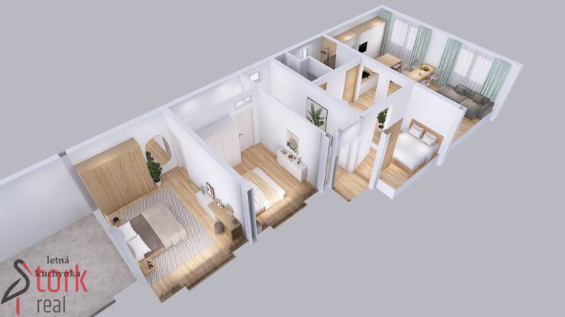 A floor plan with a room, kitchen, and summer kitchenette in a family house.