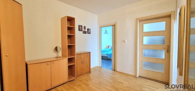 Interior of a 2-room apartment with a wooden decor floor and doors with glass panels.