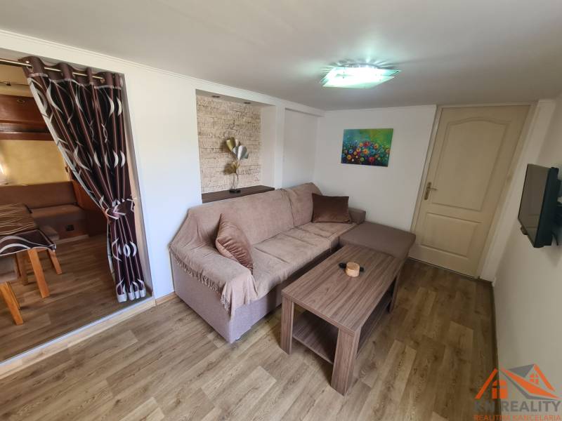 A cottage with a comfortable sofa, curtains, and a floor with a wooden decor.