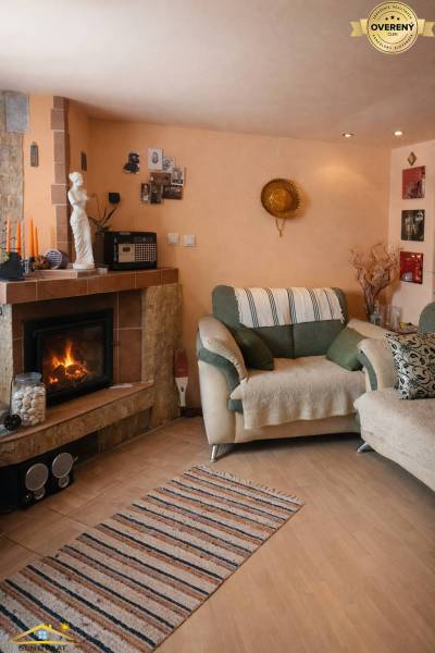 Living room in a family house with a fireplace and a wooden decor floor.