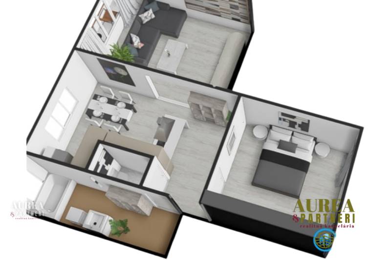 Floor plan of a 2-room apartment with a wood-patterned floor, sofa, bed, and dining table.