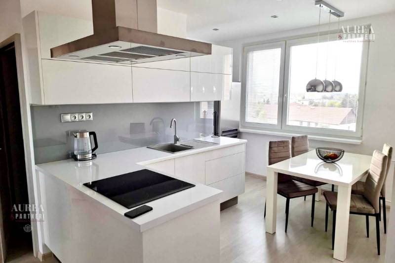 A kitchen in a 2-room apartment with white cabinets, a dining table, and a wooden decor floor.