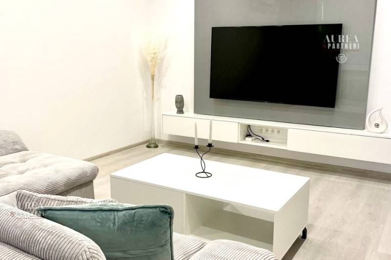 Living room in a two-room apartment with a sofa, TV, and wooden decor flooring.