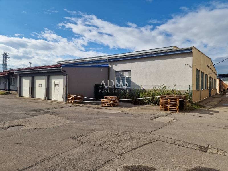 The exterior of warehouses and halls in Žilina with light plaster and pallets.