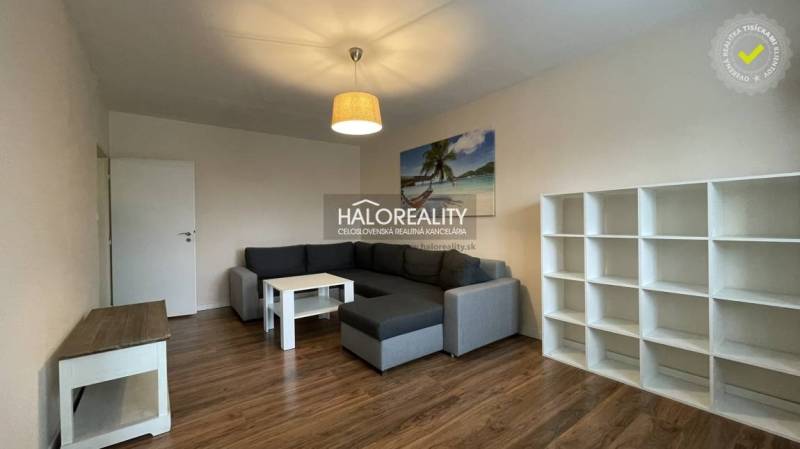 Living room with wood-patterned flooring in a three-room apartment, gray sofa, shelves.