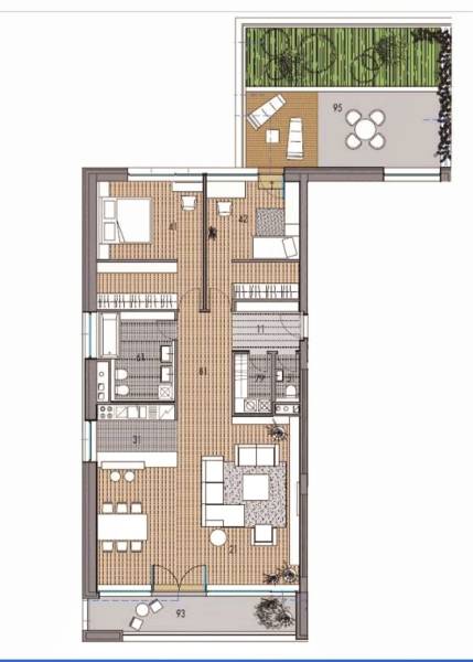 Floor plan of a 3-room apartment with a terrace and wooden decor flooring.