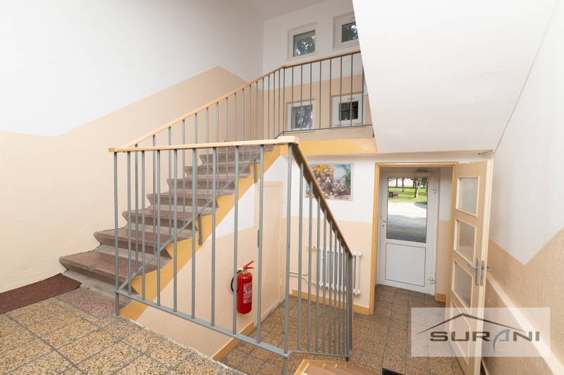 A staircase in an apartment building with a fire extinguisher and a painting on the wall.