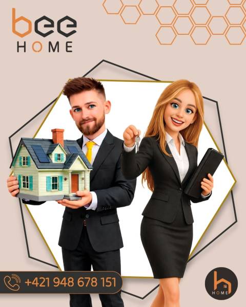 Animated characters present a model of a house and a key with Bee Home services.