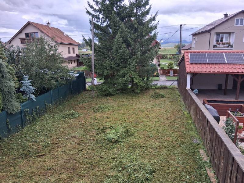 A garden at a family house in Ľubela with a well-maintained lawn and dense trees.
