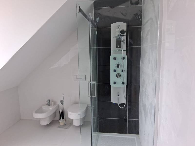 A bathroom in a family house with a toilet, bidet, and shower under a sloped wall.