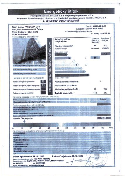 Energy certificate of the building on Landererova in Bratislava, 3-room apartment, category B, construction 2015.